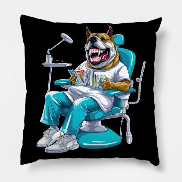 An English Bulldog sitting in front of a dentist's chair, wearing a blue surgical mask Pillow by teestore_24