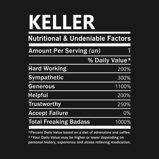 Keller Name T Shirt - Keller Nutritional and Undeniable Name Factors Gift Item Tee by nikitak4um