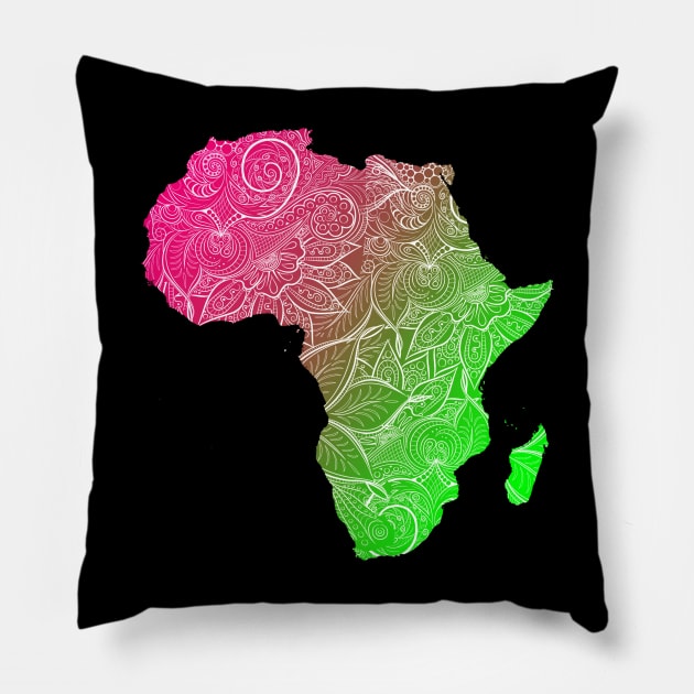Colorful mandala art map of Africa with text in pink and green Pillow by Happy Citizen