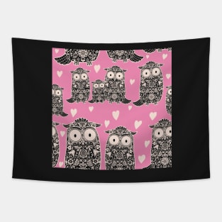 Folk Art Owls and Owlets with hearts on pink Tapestry