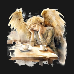 Coffee Angel Morning Ritual Before Coffee Watercolor Style, T-Shirt