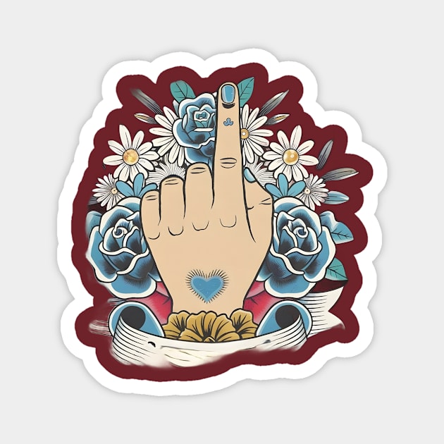 Hand Gesture with the Index Finger Raised, Surrounded by a Decorative Arrangement of Blue and White Flowers Magnet by animegirlnft