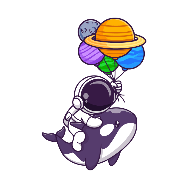 Cute Astronaut And Whale Floating With Planet Balloon In  Space Cartoon by Catalyst Labs