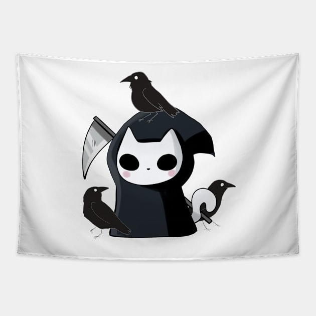 Grim reaper cat and crows Tapestry by Mayarart