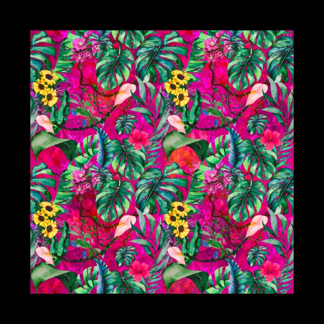 Cute tropical floral leaves botanical illustration, tropical plants,leaves and flowers, hot pink fuchsia leaves pattern by Zeinab taha