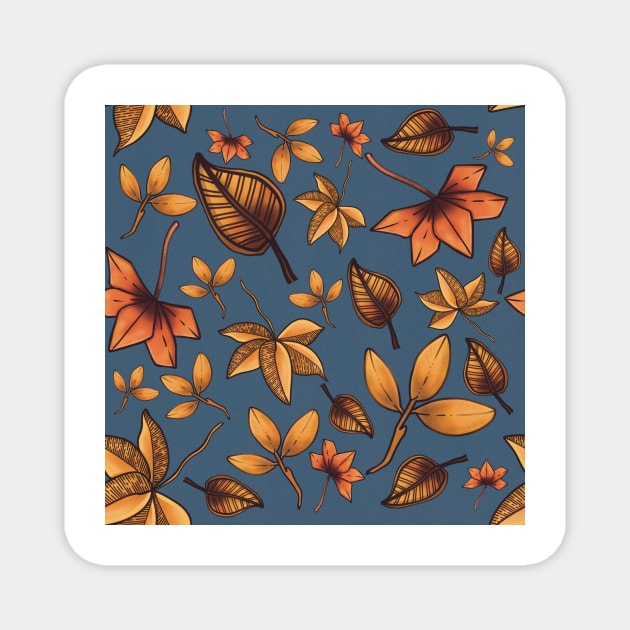 Autumn Leaves Pattern Design Blue Background Magnet by WalkSimplyArt