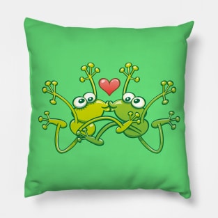 Funny green frogs falling in love while performing an acrobatic kiss Pillow