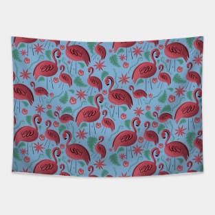 Flamazing day flamingos pattern blue background Tapestry