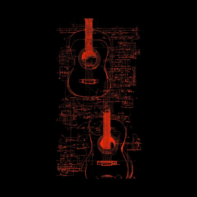 Red Neon Acoustic Guitar Da Vinci blueprint by Trip Tank