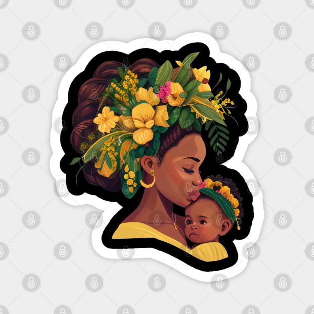 Afro Mom And Child With Flower Hair Mothers Day Magnet by Merchweaver