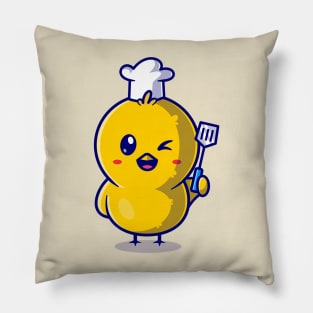 Cute Chick Chef Holding Spatula Cartoon Pillow