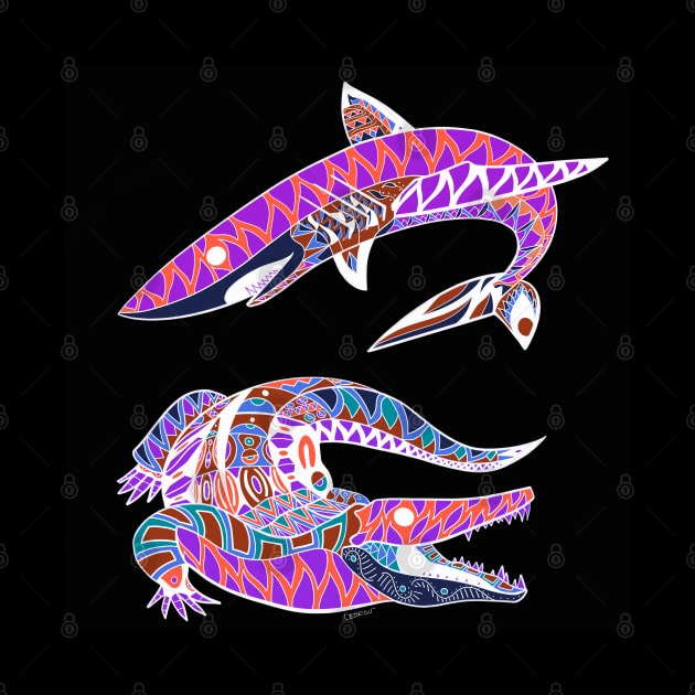 shark and alligator ecopop art tiburon and cocodrilo by jorge_lebeau