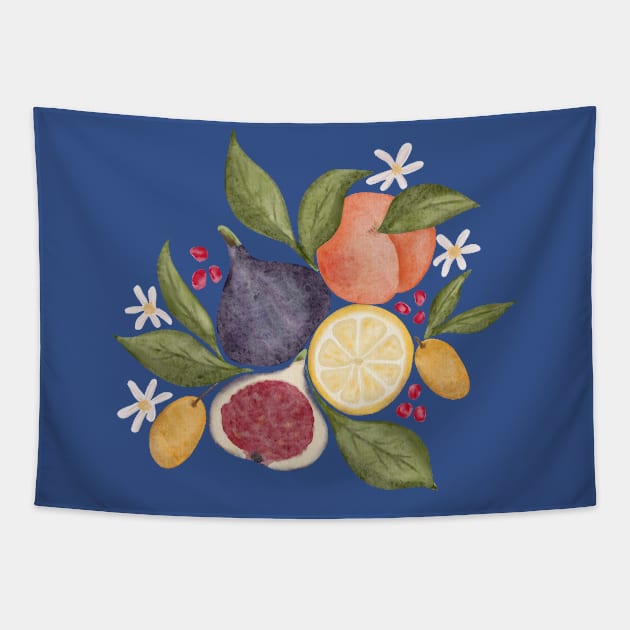 Hand painted watercolor vintage style fruits and leaves arrangement Tapestry by TinyFlowerArt