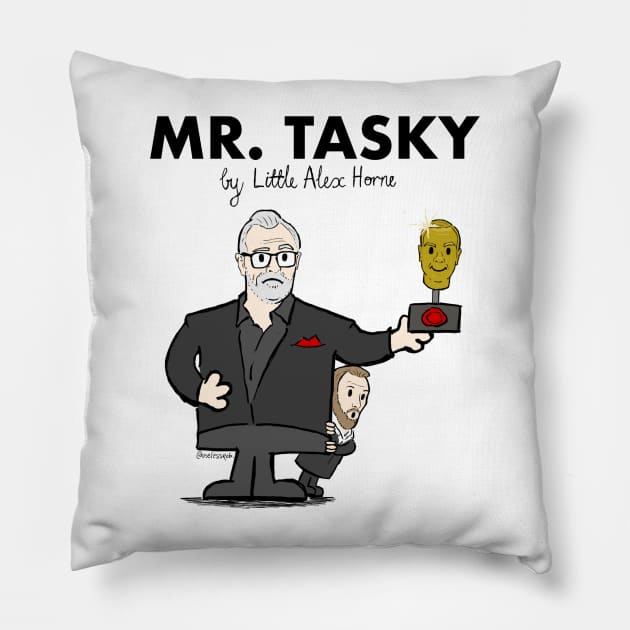 Mr Tasky (Taskmaster / Mr Men mash up - Greg Davies & Little Alex Horne) Pillow by UselessRob