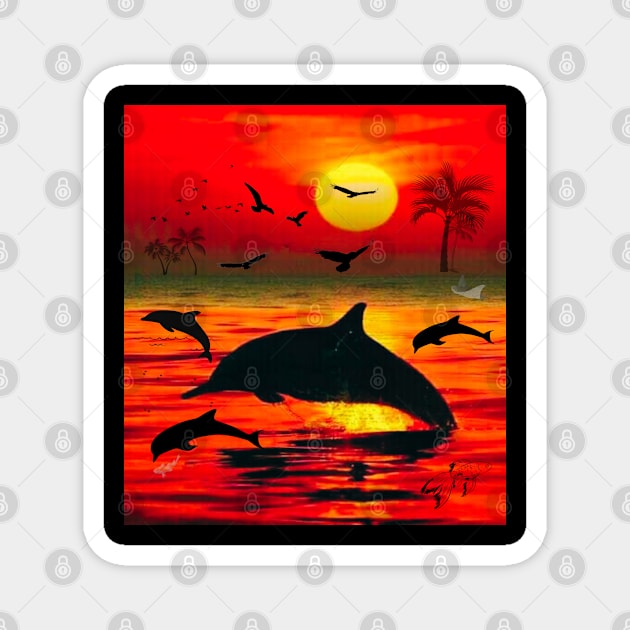 Dolphins And Birds At Sunset Magnet by The Global Worker