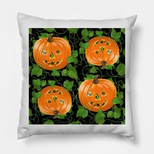 Jack-o-lantern Pumpkin Patch on Black Pillow