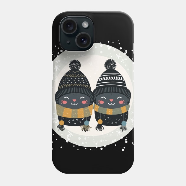 Vector Illustration - Christmas Scene with Two Cute and Funny Kittens in Patterned Hats and Scarves on a Snowy Background. Phone Case by Art KateDav