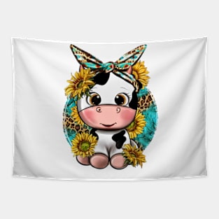 Cute Cow With Sunflower And Leopard, Hand Drawn Cow, Baby Cow Tapestry