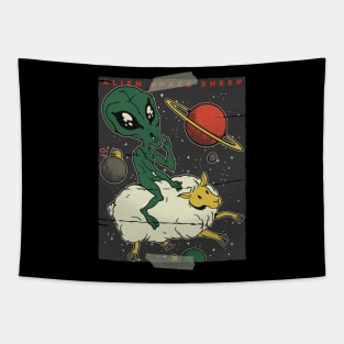 Alien space sheep, funny humor cute graphic, UFO outer space lover cartoon for men and women, Tapestry