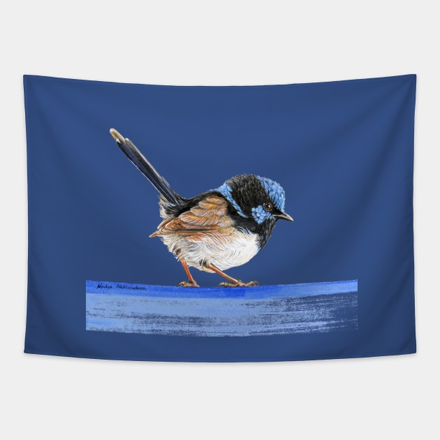 Little King of the Fairies - Blue Wren - male Superb Fairy-Wren illustration Tapestry by nadyawildlife