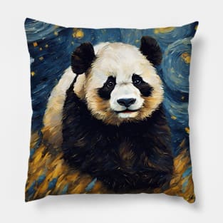 Cute Panda Animal Painting in a Van Gogh Starry Night Art Style Pillow