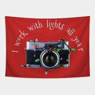 Christmas Lights Vintage Camera - Work With Lights - White Text Tapestry