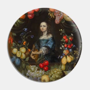 A Garland of Fruit and Flowers Surrounding a Portrait of a Lady in a Blue Dress, Holding a Guitar by Catarina Ykens-Floquet Pin