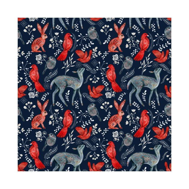 Wild Animal Deer, bird and rabbit Folk Pattern by jodotodesign