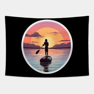 Serene Sunset Paddleboarding Silhouette Tapestry