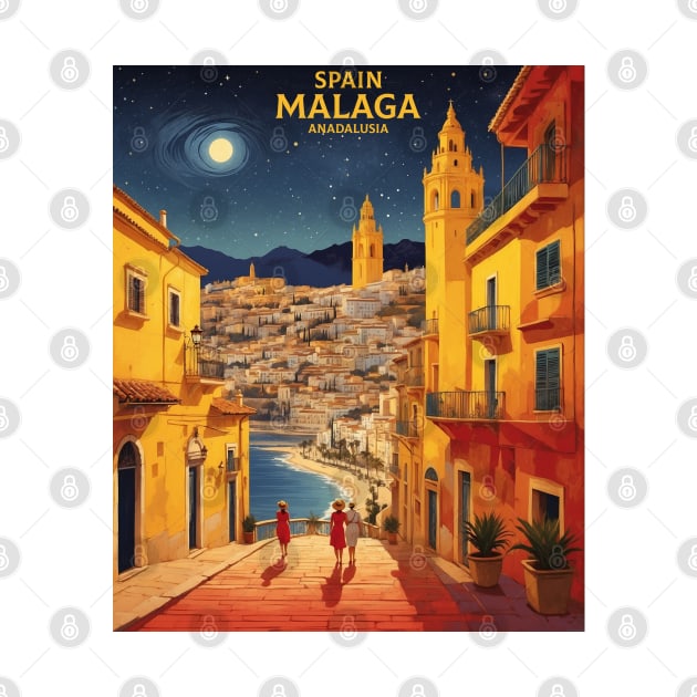 Malaga Spain Starry Night Travel Tourism Retro Vintage by TravelersGems