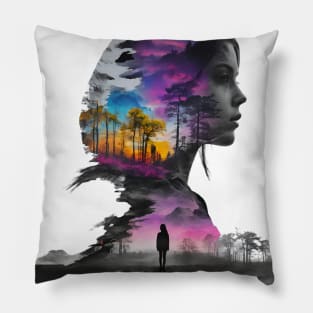 Ethereal Woman Silhouette Blending With Surreal Sunset Landscape in Monochrome Shades Pillow