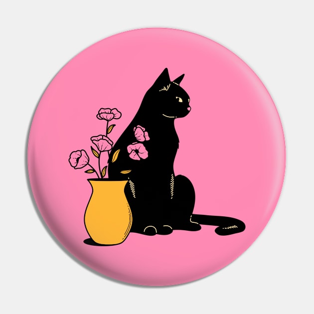 Playful Black Cat in pink Pin by The Charcoal Cat Co.