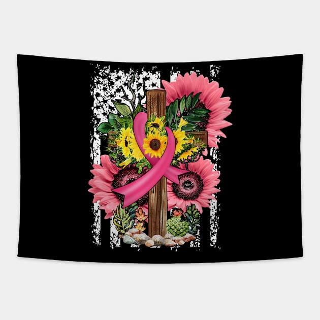 Christian Cross Pink Ribbon Sunflower Breast Cancer Warrior Tapestry by waterbrookpanders