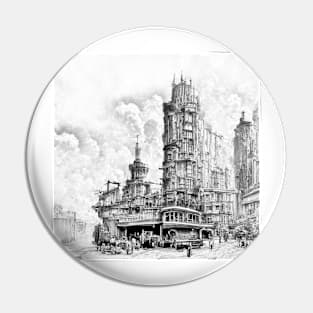 Steampunk city black and white Pin