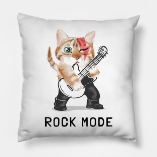 rock mode slogan with cute cat playing guitar Pillow