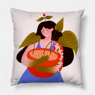 Cute girl nature lover with big green plant, version 3 Pillow