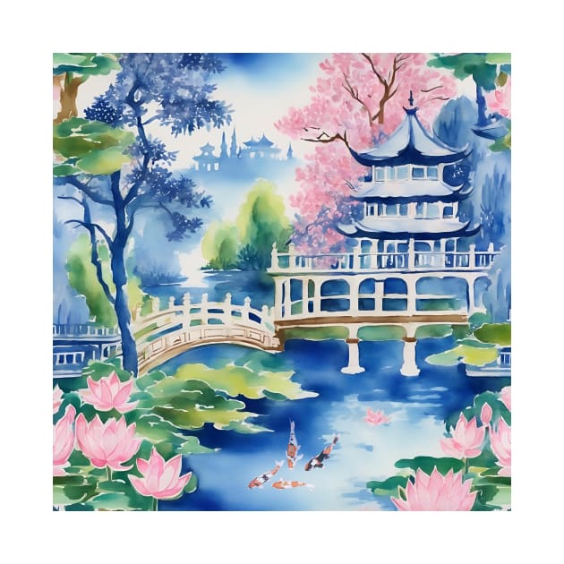 Chinoiserie landscape with koi fish and lotus flowers by SophieClimaArt