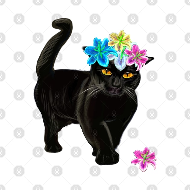 Black Cat with flower crown. Cat themed gifts for women and men by Artonmytee