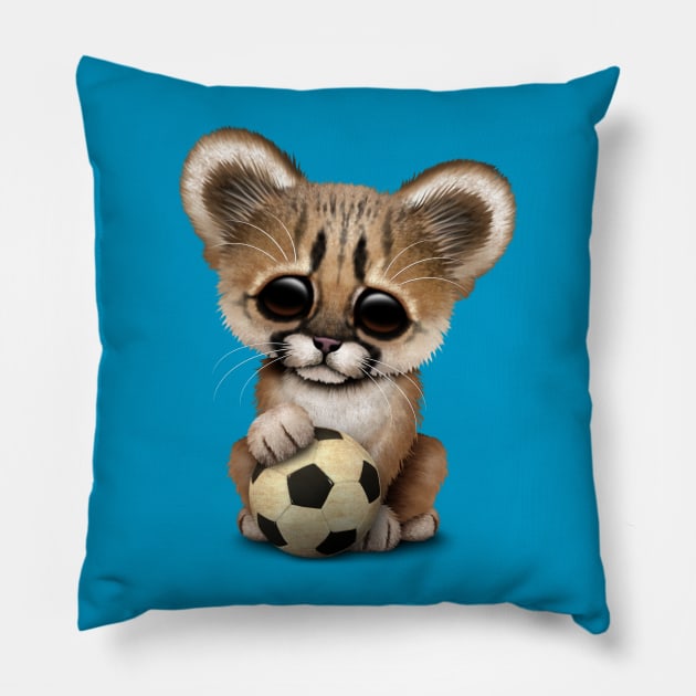 Cougar Cub With Football Soccer Ball Pillow by jeffbartels