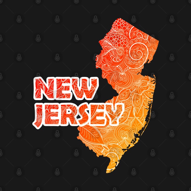 Colorful mandala art map of New Jersey with text in red and orange by Happy Citizen