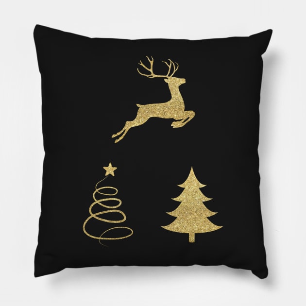 Gold Faux Glitter Christmas Trees and Reindeer Pack Pillow by Felicity-K