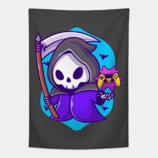 Cute Grim Reaper Gaming With Scythe Cartoon Tapestry