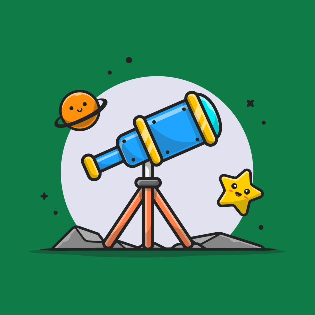 Telescope Astronomy Viewing Cute Planet and Cute Star Cartoon Vector Icon Illustration by Catalyst Labs