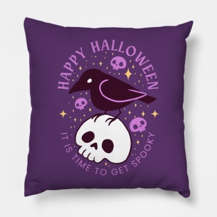 Happy halloween it is time to get spooky a cute crow on a skull Pillow