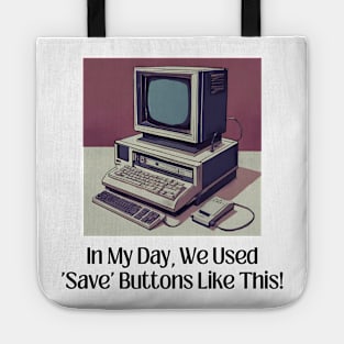 Nostalgic 'Save' Button Design: A Throwback to Tech's Vintage Er Tote