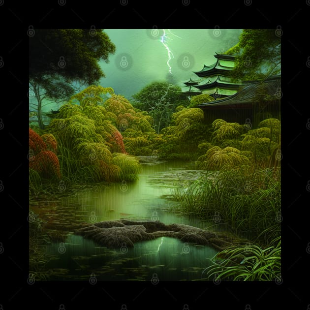 Digital Painting Of a Lush Wet Natural Scene On a Beautiful Chinese House on An Environment Jungle by Promen Art