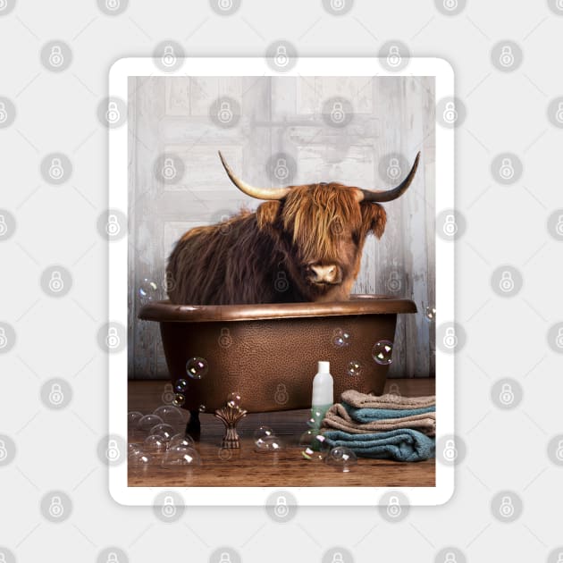 Highland Cow in a Bathtub Magnet by DomoINK