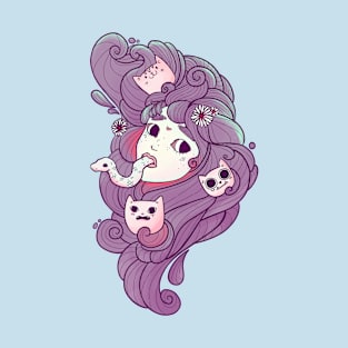 Dreamy Girl Head With Cats And Snake Art T-Shirt