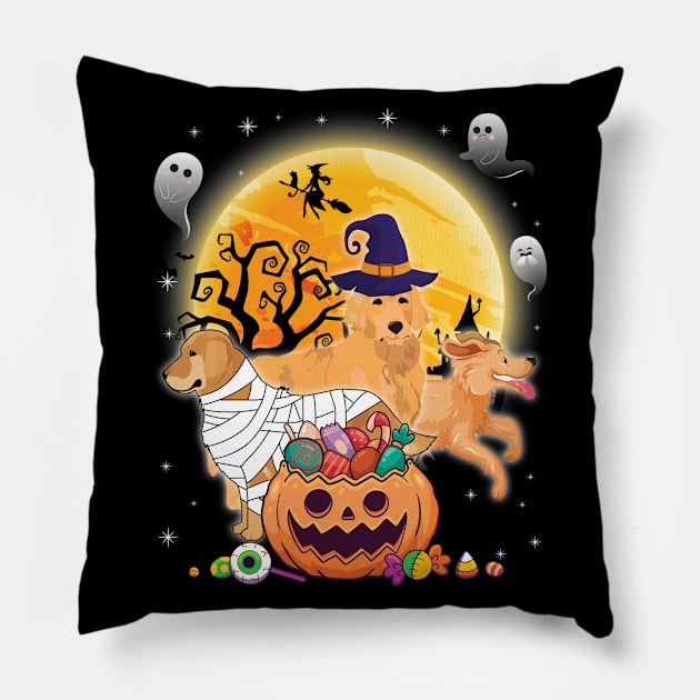 Golden Retriever Dog Mummy Witch Moon Ghosts Happy Halloween Thanksgiving Merry Christmas Day Pillow by joandraelliot