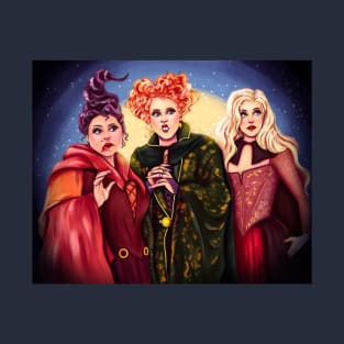 Sanderson sisters, Mary, Sarah, magic, halloween, All Hallows’ Eve, spooky, witches, witch, broom, hocus T-Shirt